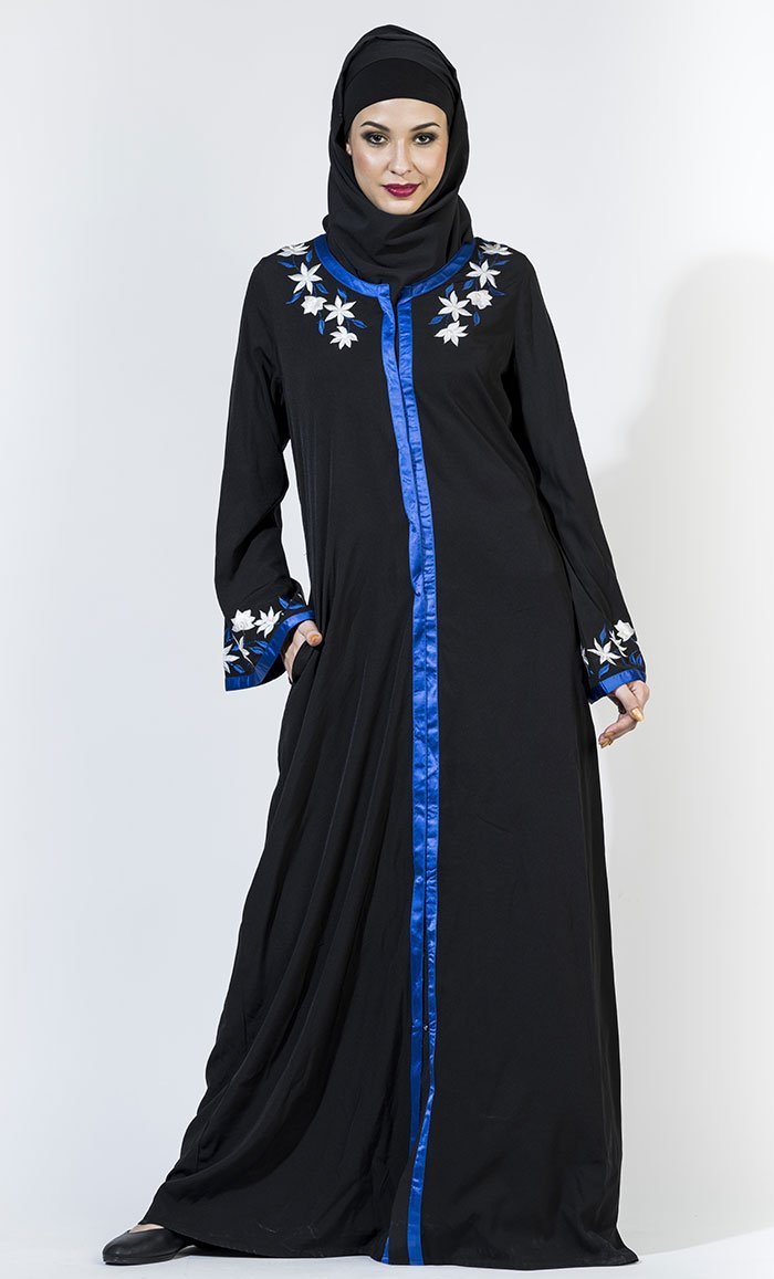 Royal Blue Trim Front Open Flower Abaya/ Jilbab