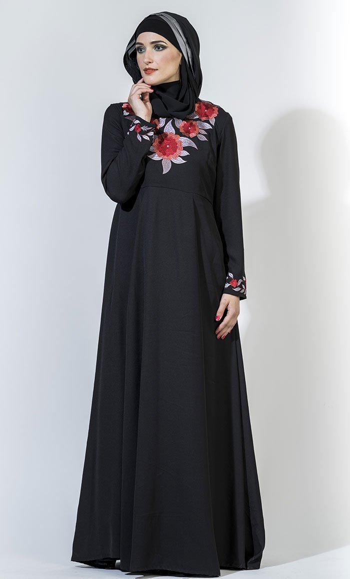 Floral Embroidered Flared Muslimah Abaya Dress