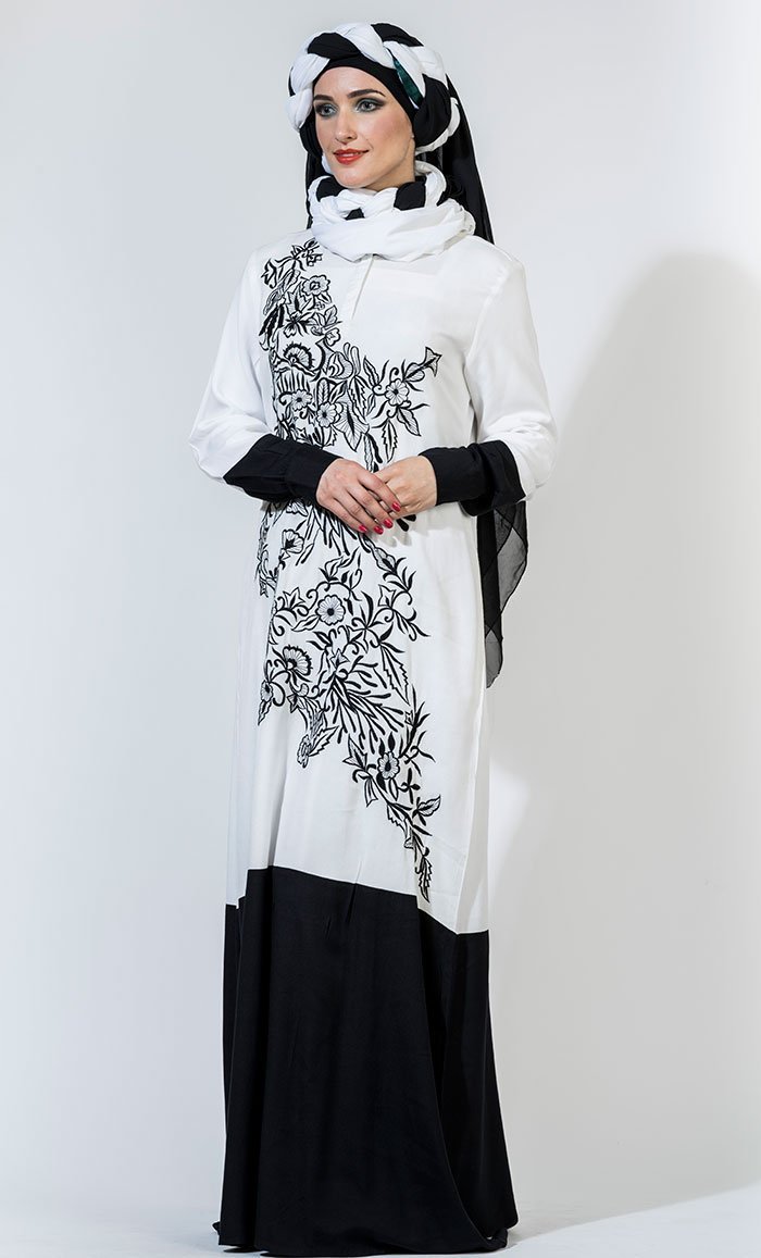 Floral embroidered monotone abaya dress