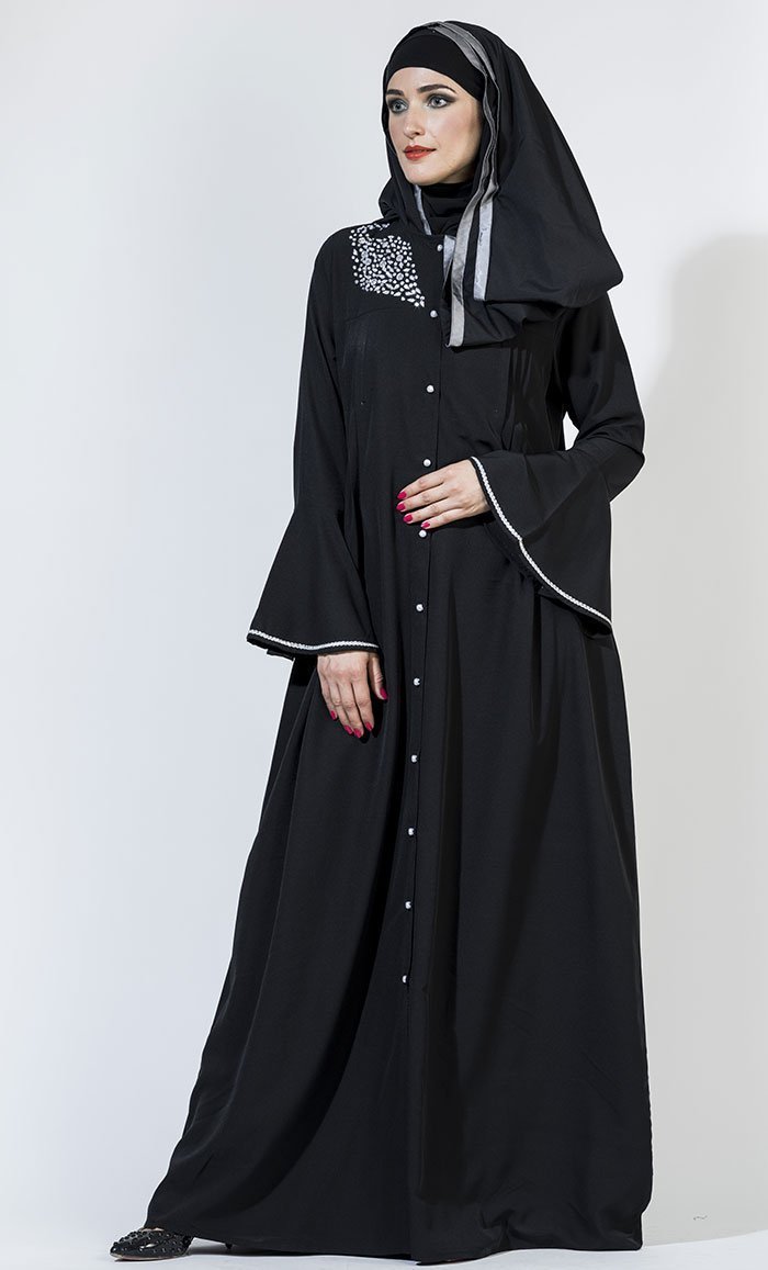 Pearl Crystal Front Open Abaya/ Jilbab- Black