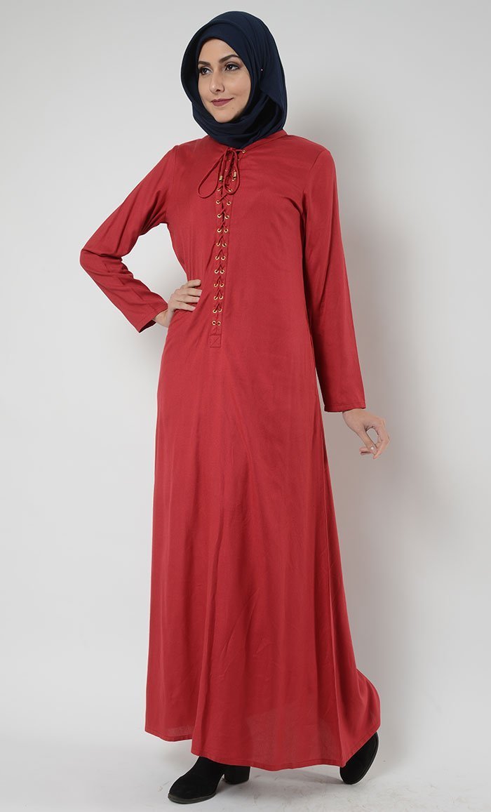 Knotted tie up neckline casual abaya dress