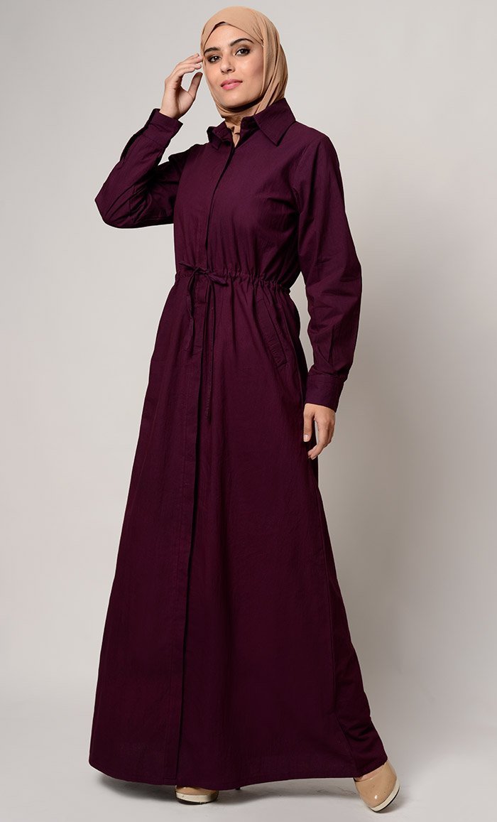 Drawstring Detail Everyday Wear Shirt Style Abaya Dress