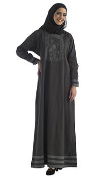 Floral embroidered and striped panels abaya dress