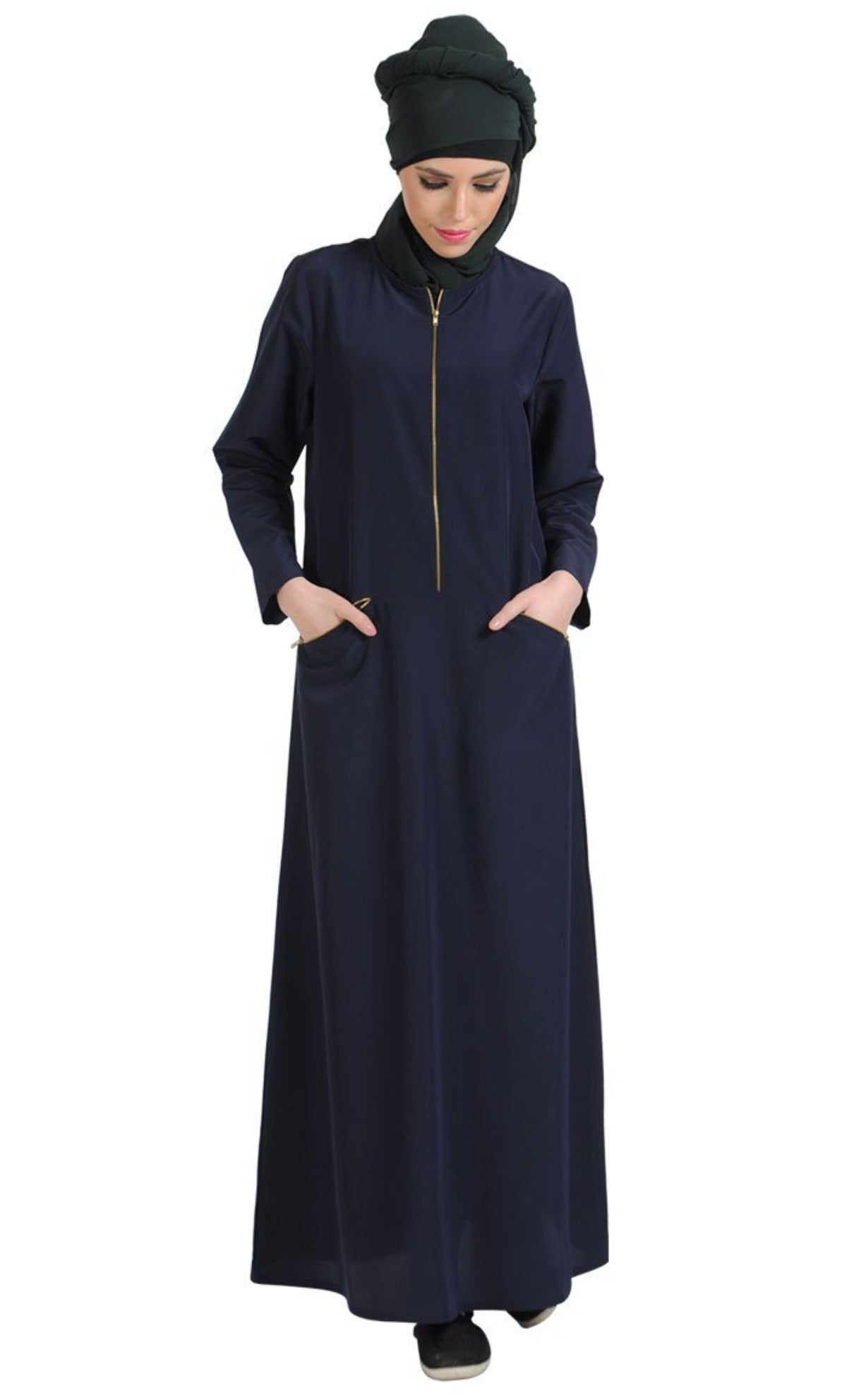 Metallic Zipper Detail Basic Muslimah Abaya Dress