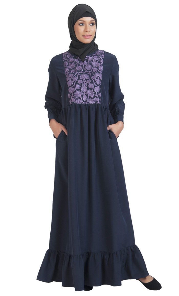 Floral embroidered ruffled hem abaya dress