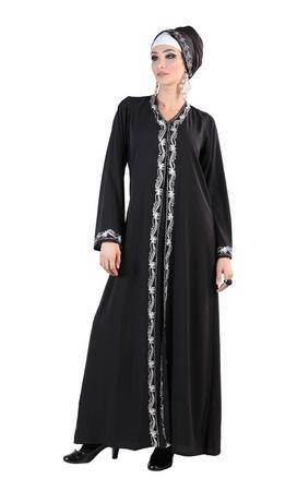 Lace Embroidered Double Layered Front Open Abaya Dress