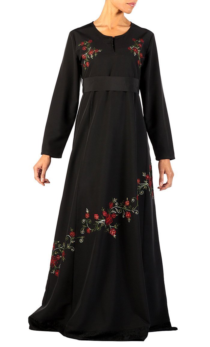 Floral embroidered and lace panel flared abaya dress