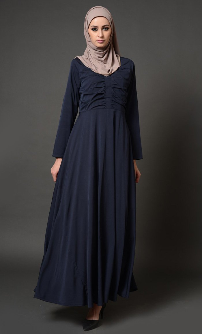 Gathers Detailed Front Yoke Flared Abaya Dress