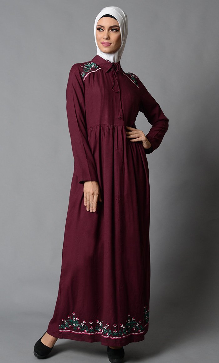 Floral Embroidered And Drawstring Detail Collared Abaya Dress