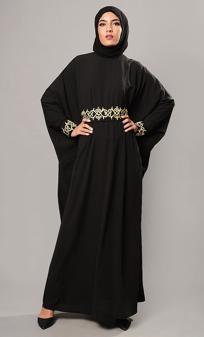 Gold Brocade Detail Kaftan Style Abaya Dress