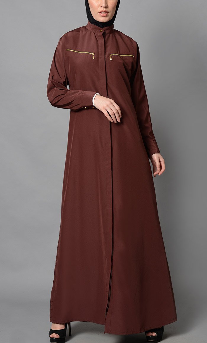 Zipper detail pockets and button down abaya dress