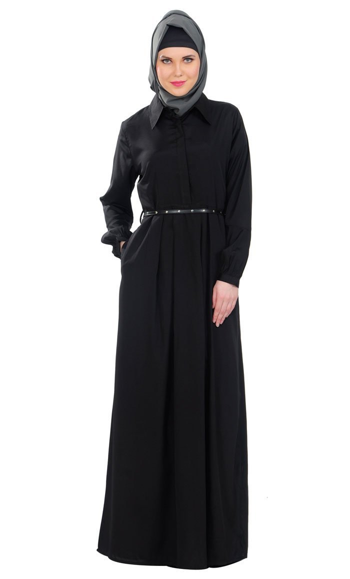 Button down and leather belt detail everyday wear abaya dress