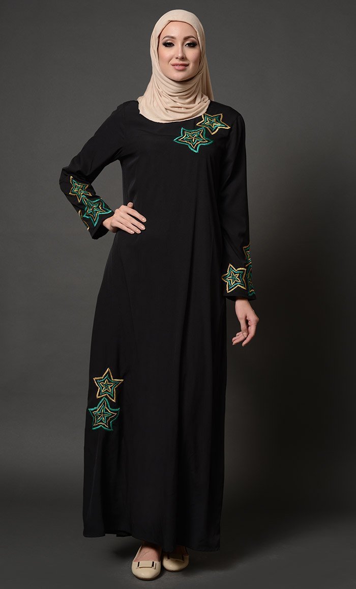 Star Embroidered Motifs Arabian Abaya Dress