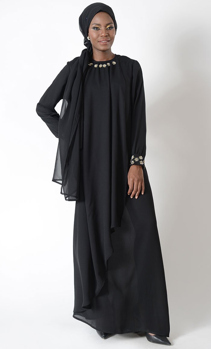 Bejeweled floral motifs elegant abaya dress