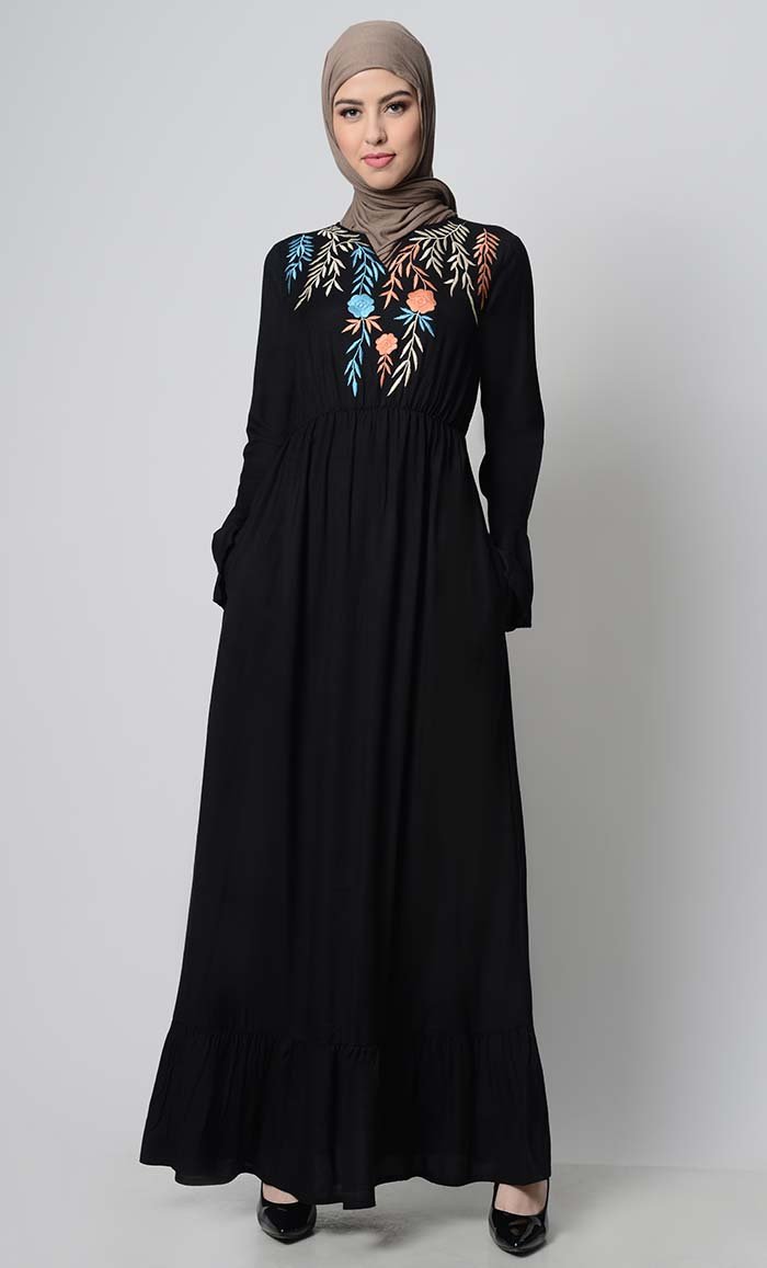 Falling Veil Embroidered abaya dress-Black