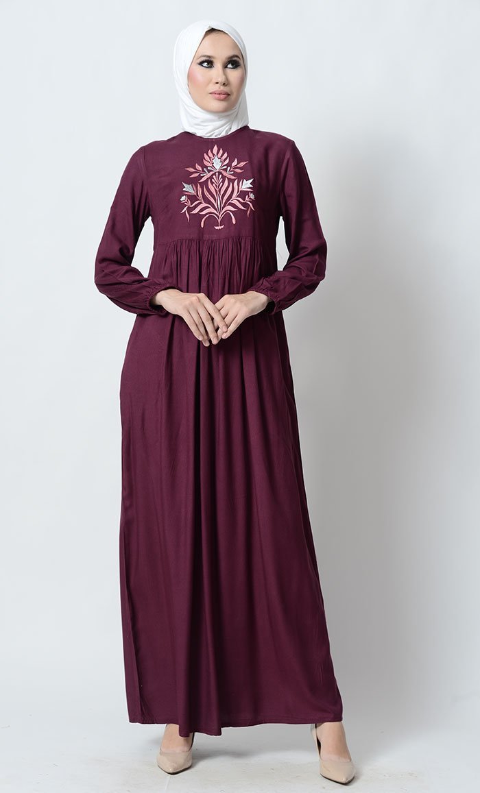 Big Floral Motif Embroidered Rayon Abaya Dress