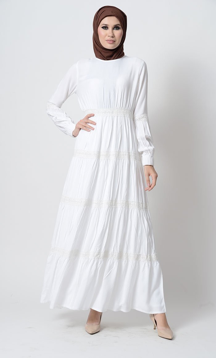 Fancy laced tiered  Rayon Abaya Dress-White