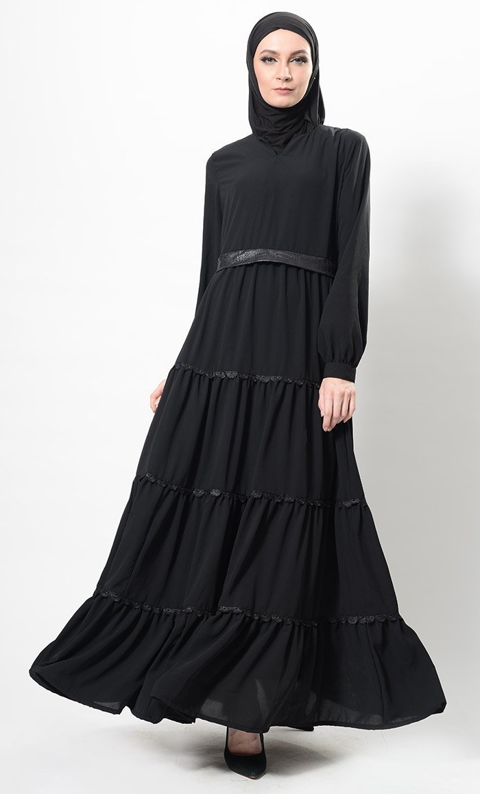 Faux Leather And Lace Work Multi Tiered Abaya Dress And Hijab Set