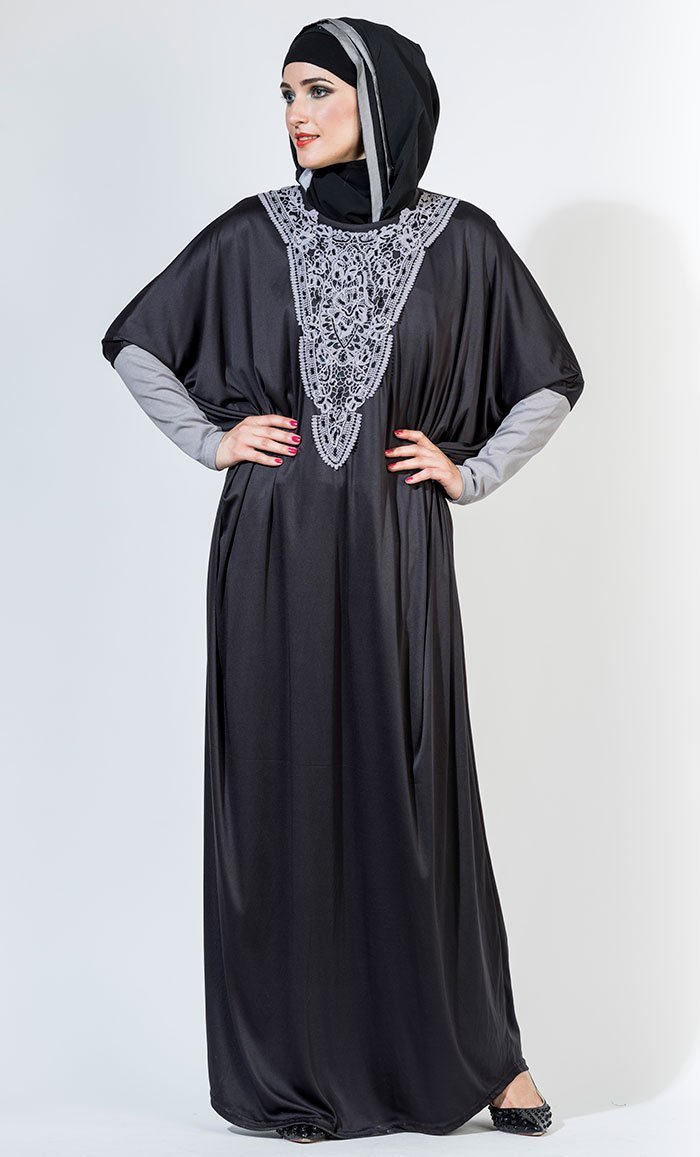 Crochet lace embroidered kaftan style abaya dress