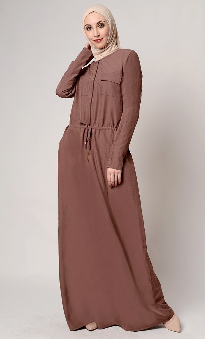 Slip On Drawstring And Zipper Detail Abaya Dress