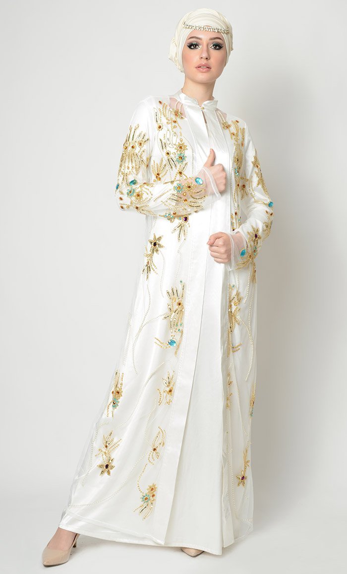 Crystals, Beads And Thread Applique Work Graceful Abaya Dress