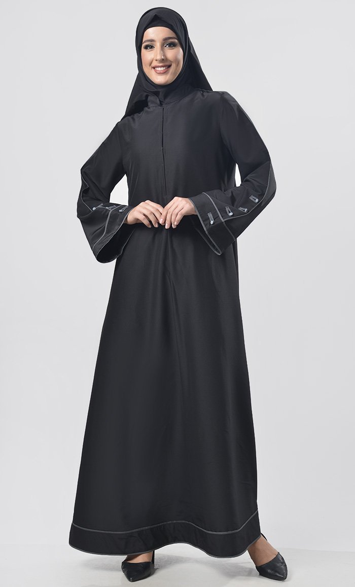 Black Contrast Color Piping Detailing Abaya