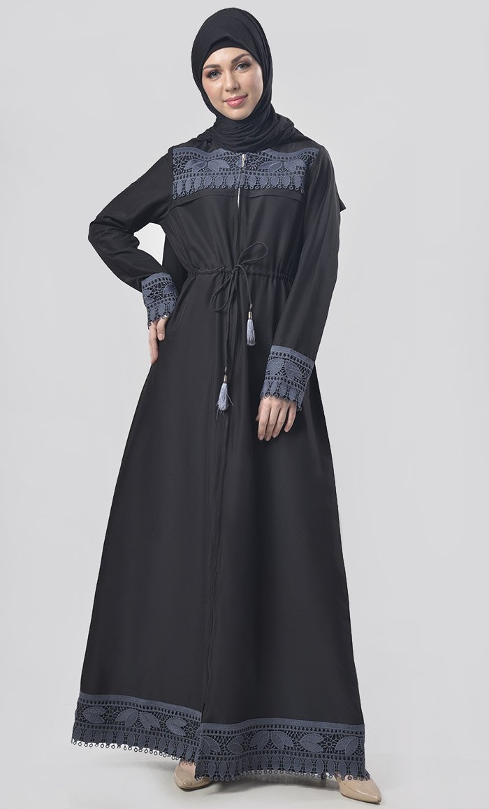 Black Beautiful Intricate Lace Abaya