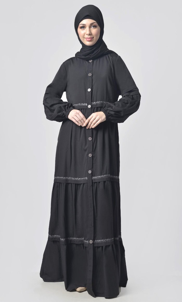 Black Tiered Intricate Lace Detailing Abaya