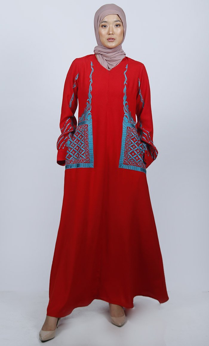 Red Embroidered Front Zipper Abaya With Pockets