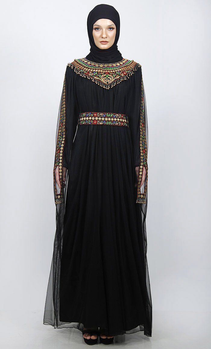 Black Choker Neck Hand Work Embroidered Kaftan