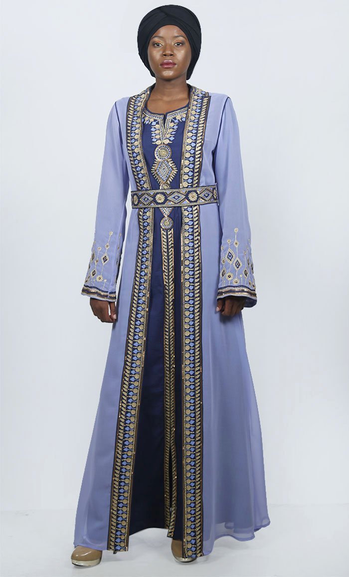 Elegant Blue Embroidered Moroccan Ocassion Wear Abaya With Loose Belt