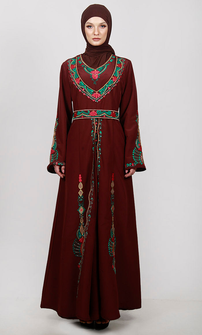 Brown Double Layered Embroidered Abaya With Loose Belt