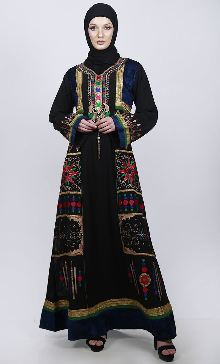 Black Velvet Patch Work Intricate Embroidered A-Line Abaya