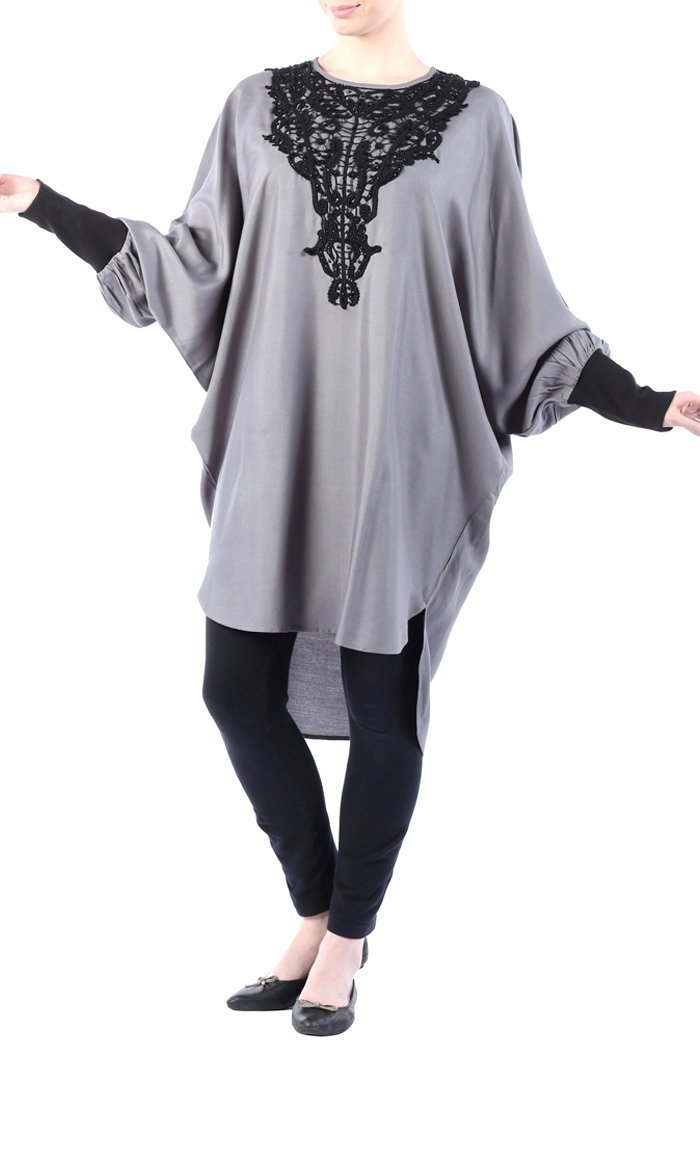 Cotton Jersey Tunic With Lace Embroidery On Chest