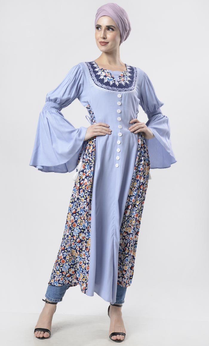 Superb Serenitey Bell Smoked Sleeves Detailing Long Tunic With Aari Work And Fancy Buttons