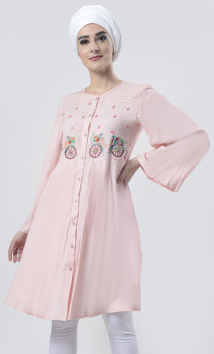 Graceful Light Pink Bicycle Embroidered Front Button Down Tunic