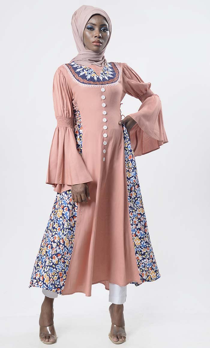 Superb Burlwood Bell Smoked Sleeves Detailing Long Tunic With Aari Work And Fancy Buttons