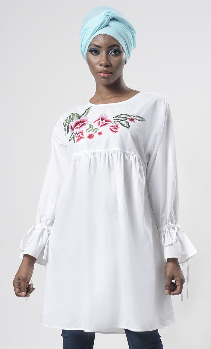 Summer Floral Embroidered Yoke With Gathers Detailing Tunic