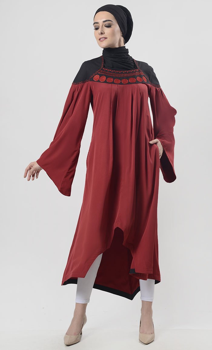 Pretty Red Asymmetric Hem With Aari Work Detailing Tunic