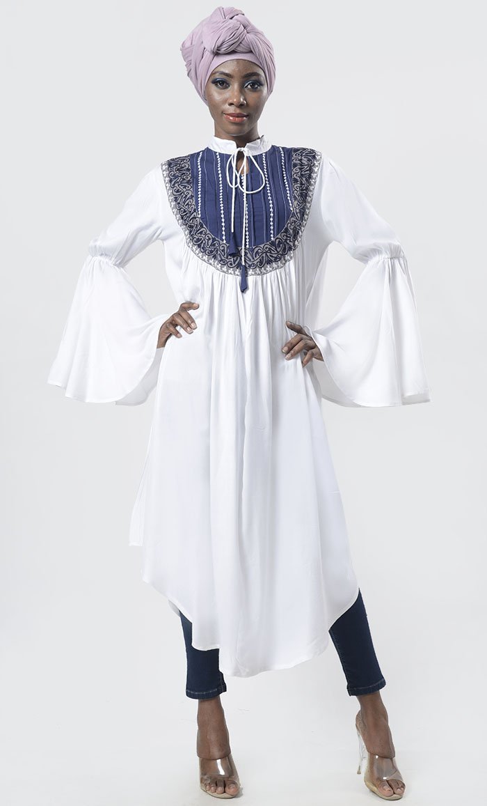 Beautiful White Front Yoke Detailing Long Tunic