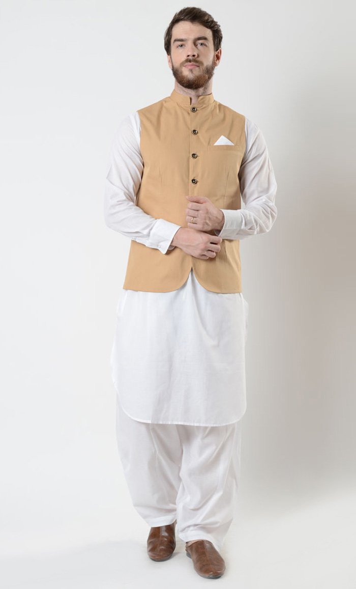 Tan Mens Cotton Shalwar Kameez Vest Set