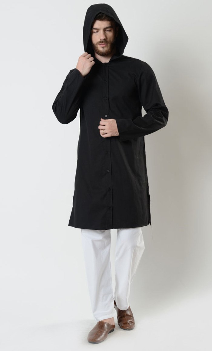 Mens Cotton Button Closure Hooded Tunic