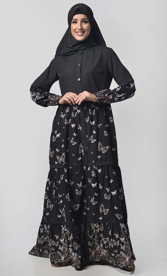 Black Butterfly Printed Button Down Tiered Abaya