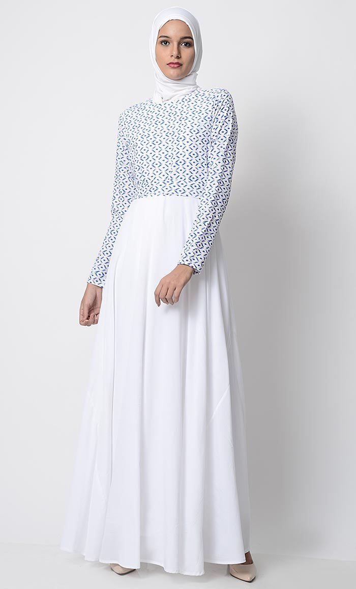 Morning Blue Printed Everyday Abaya-White