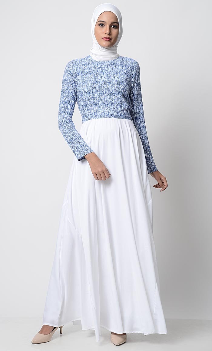 Blue Glitch Printed Everyday Abaya-White