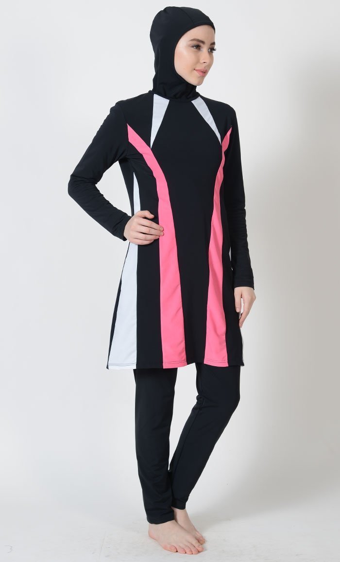 Pink And White Accent Swimwear Burkini Set