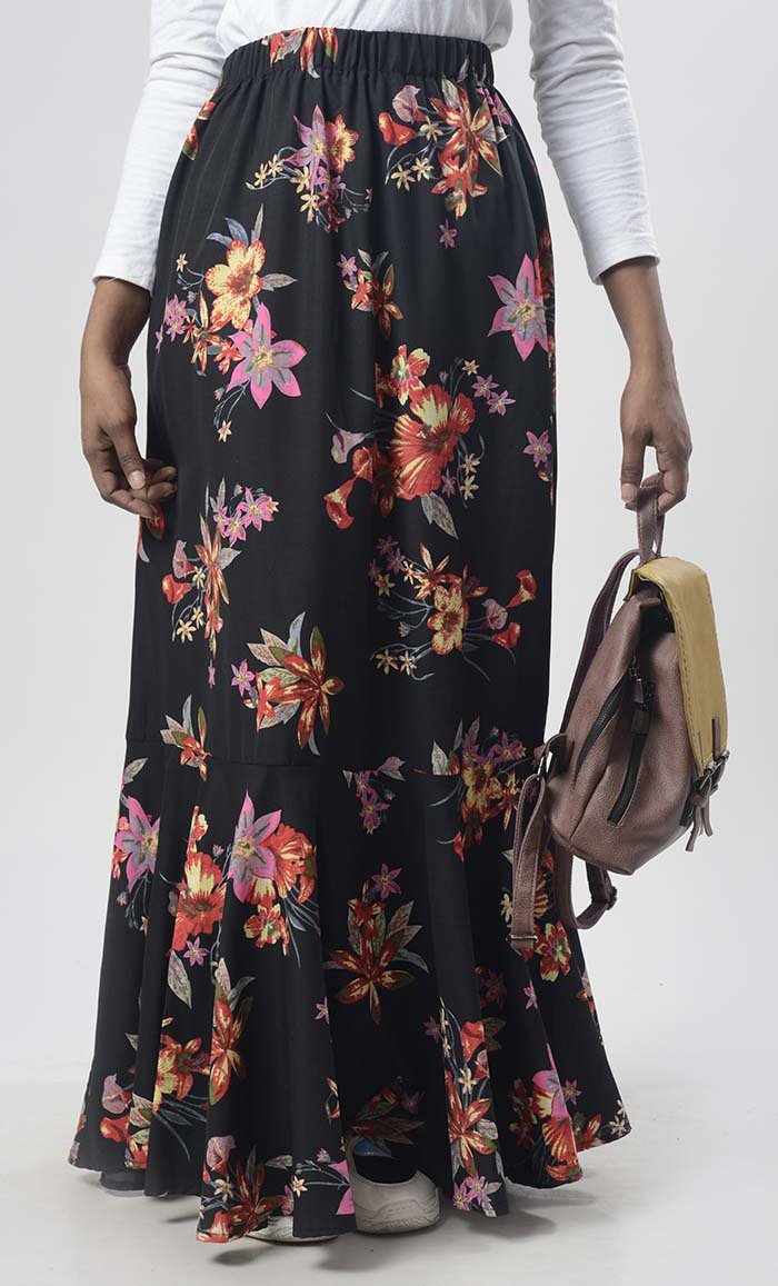 Black Multi-Floral Printed Skirt With Pockets