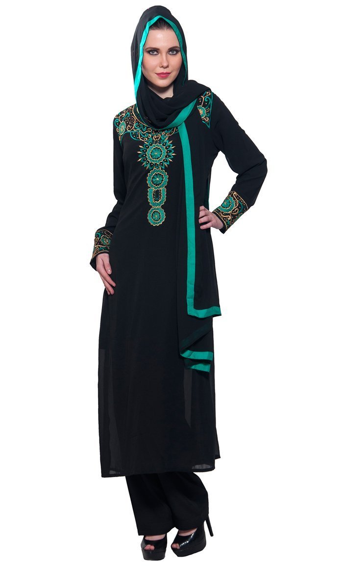 Resham & Gold Zari Embroidered 3 piece Black salwar kameez set