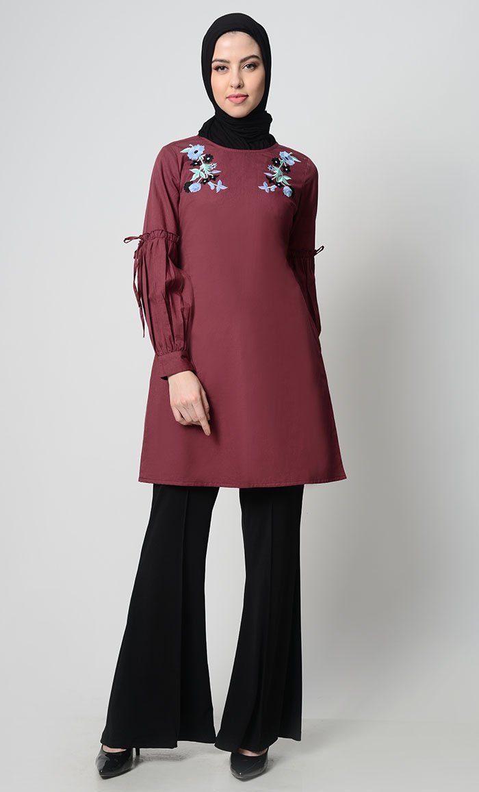 Floral Bunch Embroidred Tunic-Maroon