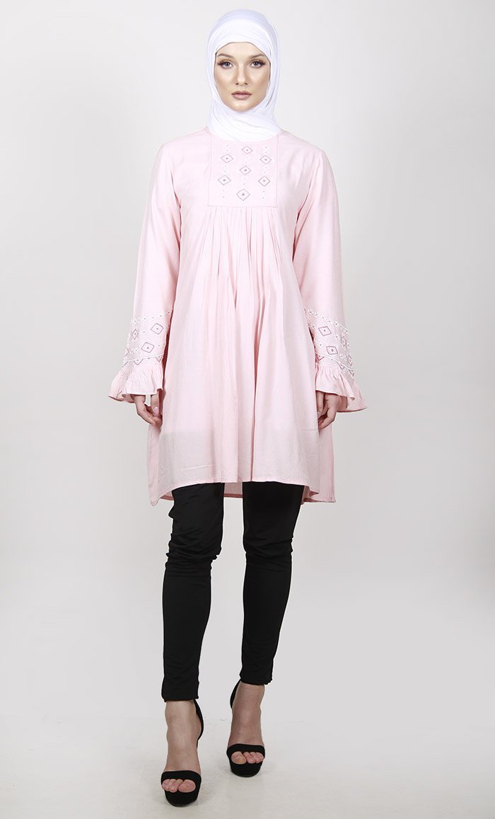 Feminine Pink Embroidered Tunic With Ruffled Sleeves